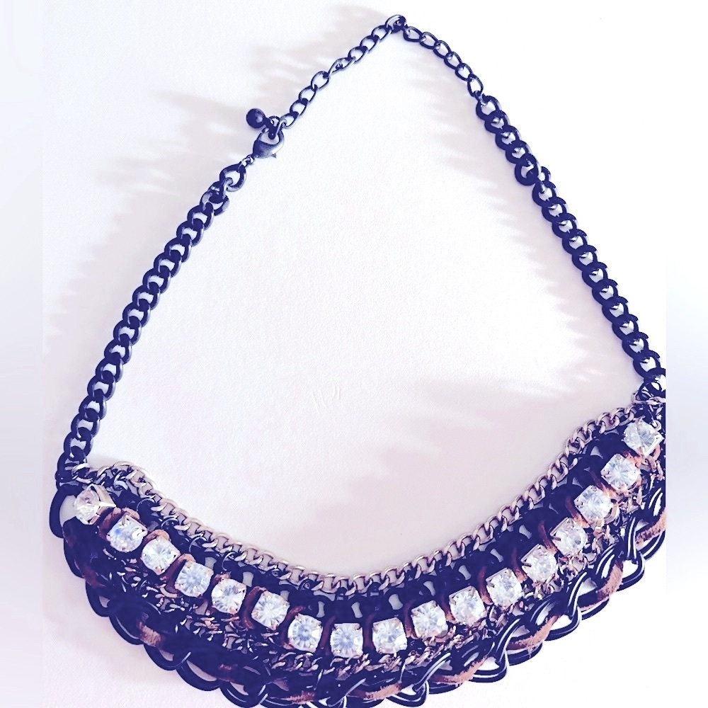 Necklace Rhinestones prong-set, gold & black chain, w brown suede 18”